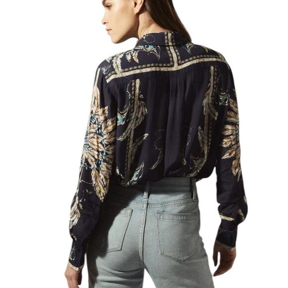 Reiss Tiff Feather Printed Button Down Blouse size 4 Navy Blue - Picture 3 of 12